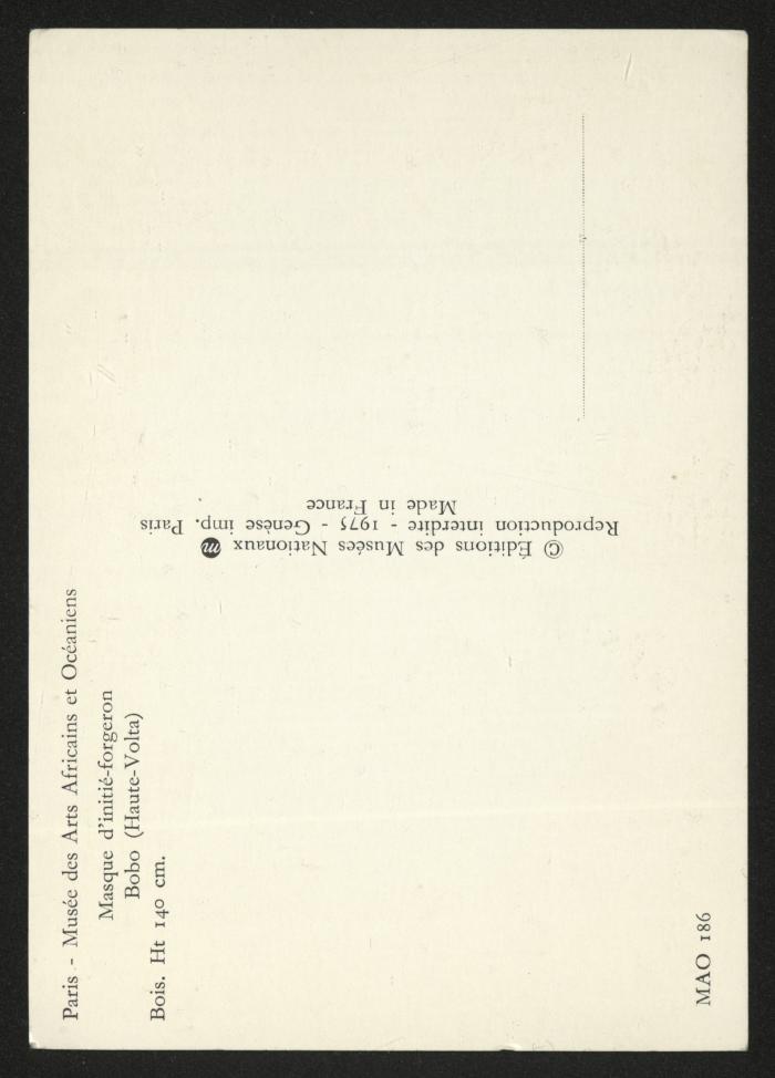 A postcard issued by Museum of African and Oceanic Arts, 1975