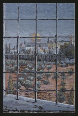 A postcard featuring the painting "Jerusalem from the Window" by artist Taleb Dweik
