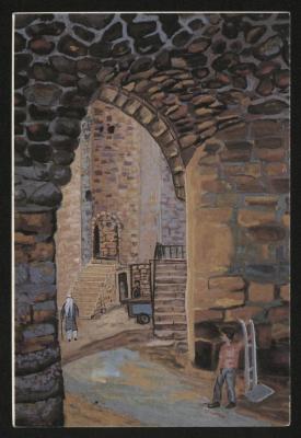 A postcard featuring the painting "Hebron arches" by artist Taleb Dweik