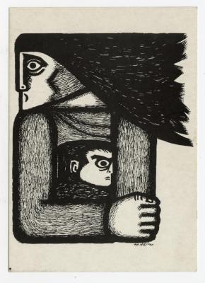 A postcard featuring the painting "Mother and Child" by the artist Burhan Karkutli