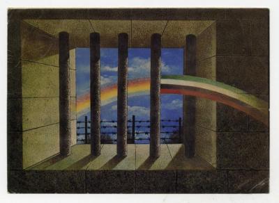 A postcard featuring the painting "Hope" by artist Sliman Mansour, Jerusalem 