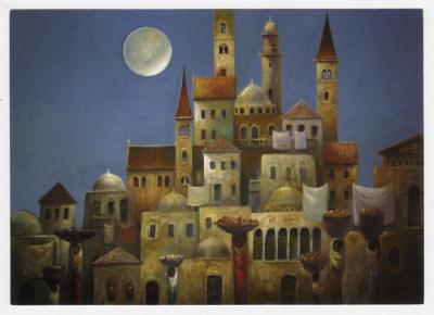 A postcard featuring the painting "Palestine, my dreamland" by artist Ibrahim Hazeema
