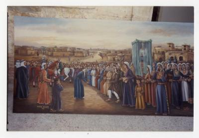 The painting "The Wedding" by artist Fathi Ghabin, 1986