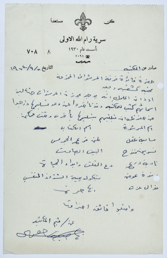 A Letter to the Female Guides Group of Sareyyet Ramallah, 1974-75

