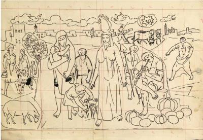 A sketch for a mural designed by Mahmoud Hammad, Damascus, 1962