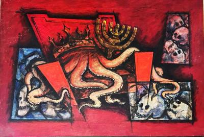 An artwork by the artist Mahmoud Hammad titled "Throne of Skulls," Damascus, 1970