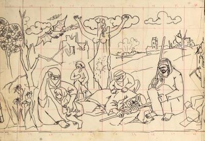 A part of the sketch for a mural designed by Mahmoud Hammad, Damascus, 1962