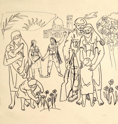 رسم تخطيطي لجدارية من تصميم محمود حماد، دمشق، 1962