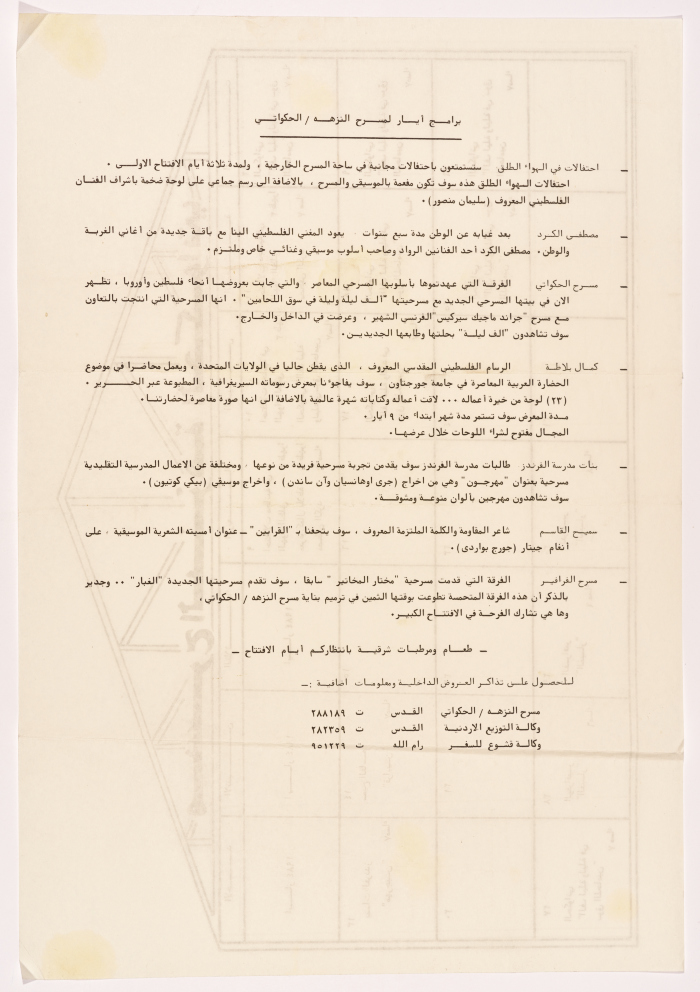 The Program of The Palestinian National Theatre El Hakawati Al- Nuzha During May 1984 