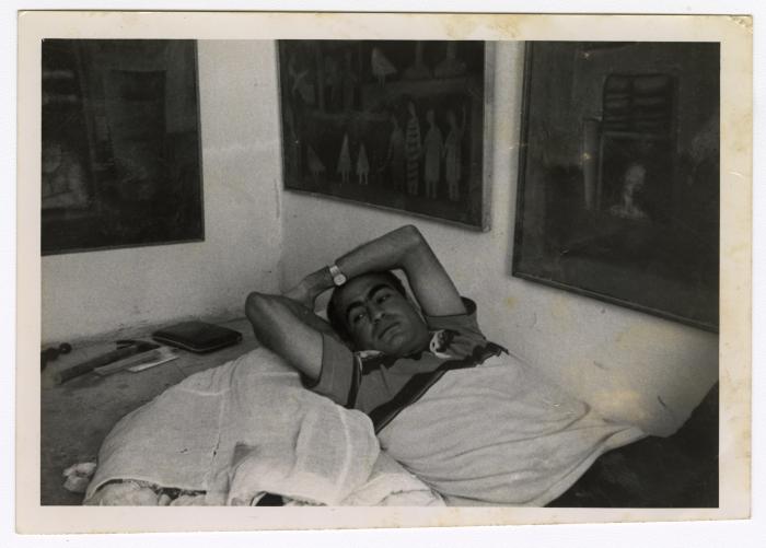 Tayseer Barakat in his house, Al-Bireh, 1983