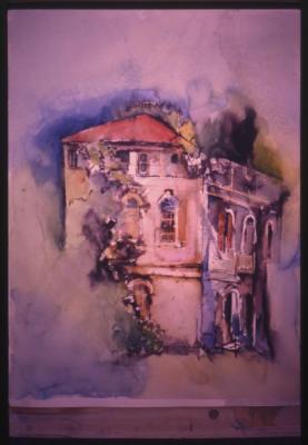 A photograph of a painting with watercolors designed by Husni Radwan