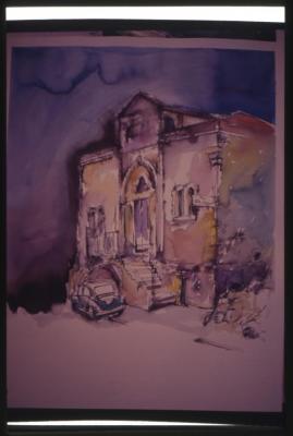 A photograph of a painting with watercolors designed by Husni Radwan