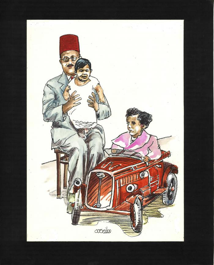 كاركتير لعادل زعيتر مع أبناءه عمر ووائل، نابلس، 1935