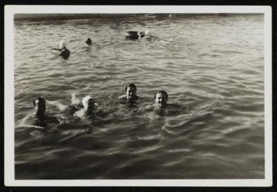 Ismat al-Dajani while practicing swimming, Beirut, 1954
