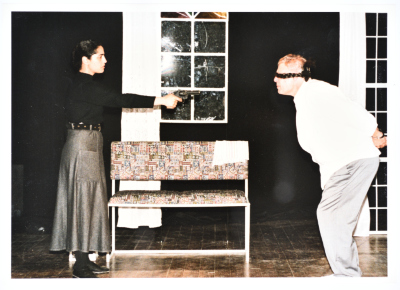 The theatrical performance of "Death and the Maiden" at Al-Kasaba Theatre and Cinematheque