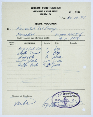 An Issue Voucher from the Lutheran World Federation-Jerusalem to Sareyyet Ramallah-First Ramallah Group (FRG)
