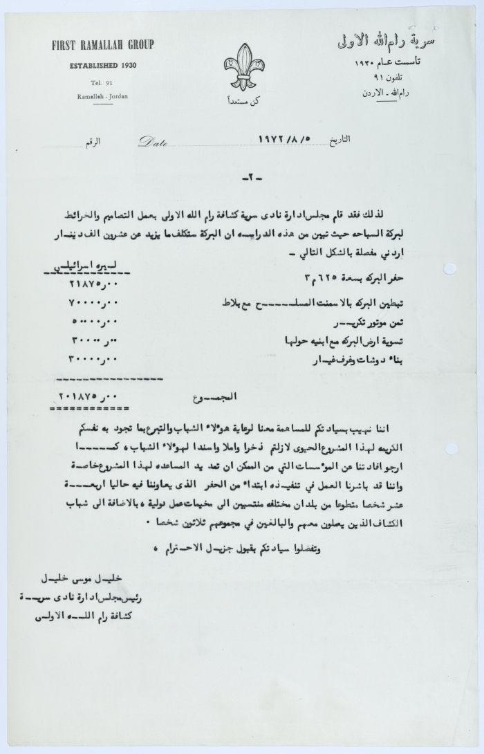 A Letter from Sareyyet Ramallah-First Ramallah Group (FRG) to the Bishop Hilarion Capucci on Their Youth Support Initiatives