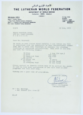 A Letter from the Lutheran World Federation to Sareyyet Ramallah-First Ramallah Group (FRG) on Supporting the International Summer Camp