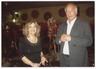 Maha El-Saca accompanied by Salah Al -Tamari during a visit to the Center of Embroidery and Heritage