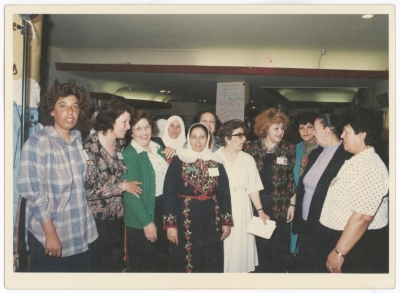 A group of ladies from The General Union of Palestinian Women (GUPW) in an Embroidery Exhibition in the Ambassador Hotel in Jerusalem