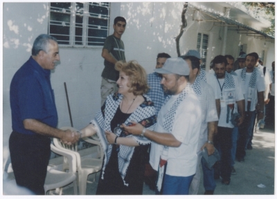 Maha El-Saca with a Palestinian delegation in the Rashidieh camp in Lebanon