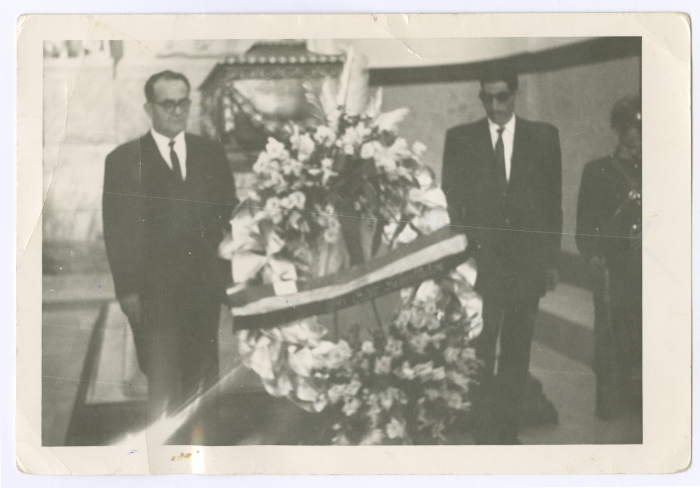Two men standing next to the tomb of Simón Bolívar; one of them is Jeries Abu Rummaneh- a member of the Palestine Liberation Organization