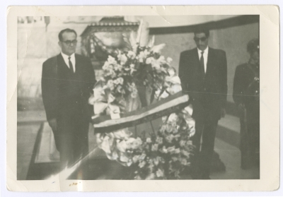Two men standing next to the tomb of Simón Bolívar; one of them is Jeries Abu Rummaneh- a member of the Palestine Liberation Organization
