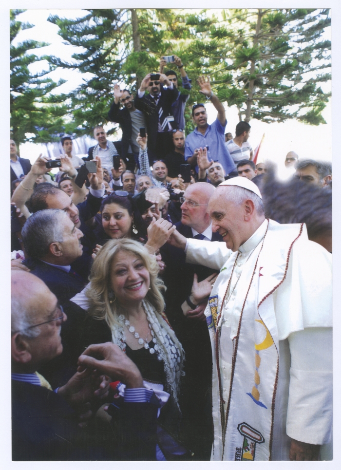 Maha El-Saca with Pope Francis during his visit to Palestine