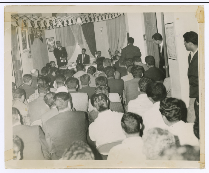 Head of delegation, Jeries Abu Rummaneh gives a speech in a conference