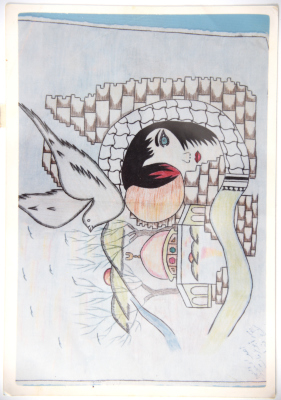 صورة لرسمة تحوي حمامة وفتاة ومسجد