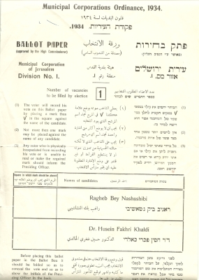A Ballot Paper for the Municipal Corporation of Jerusalem Elections, 1934