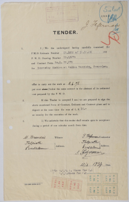 عطاء هندسي لأعمال صيانة في المدرسة الرشيدية في مدينة القدس أصدرته سلطة الانتداب البريطاني على فلسطين