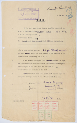 An engineering tender issued by the "British Mandate for Palestine" for the maintenance of the Post Office