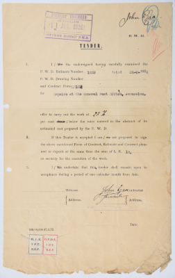 An engineering tender issued by the "British Mandate for Palestine" for the maintenance of the Post Office