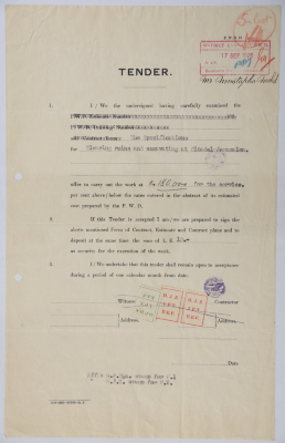 An engineering tender issued by the "British Mandate for Palestine" for excavation work and for the removal of the ruins in Al-Qal