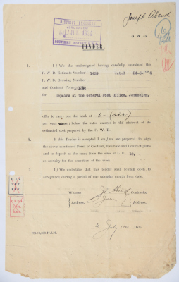 An engineering tender issued by the "British Mandate for Palestine" for the maintenance of the Post Office