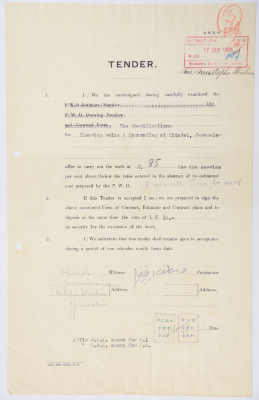 An engineering tender issued by the "British Mandate for Palestine" for excavation work and for the removal of the ruins in Al-Qal