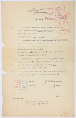 An engineering tender issued by the "British Mandate for Palestine" for a regular maintenance of the British Police Station in Jabal al-Mukaber in Jerusalem