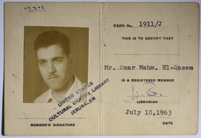 Omar al-Qasim's Membership Card for the US Cultural Center Library, Jerusalem, 10 July 1963