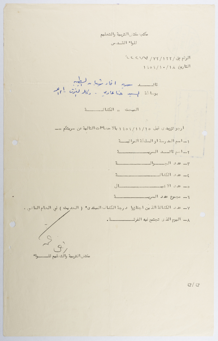 A letter from the Ministry of Education inspector to the Head of al-Taybeh Youth Union
