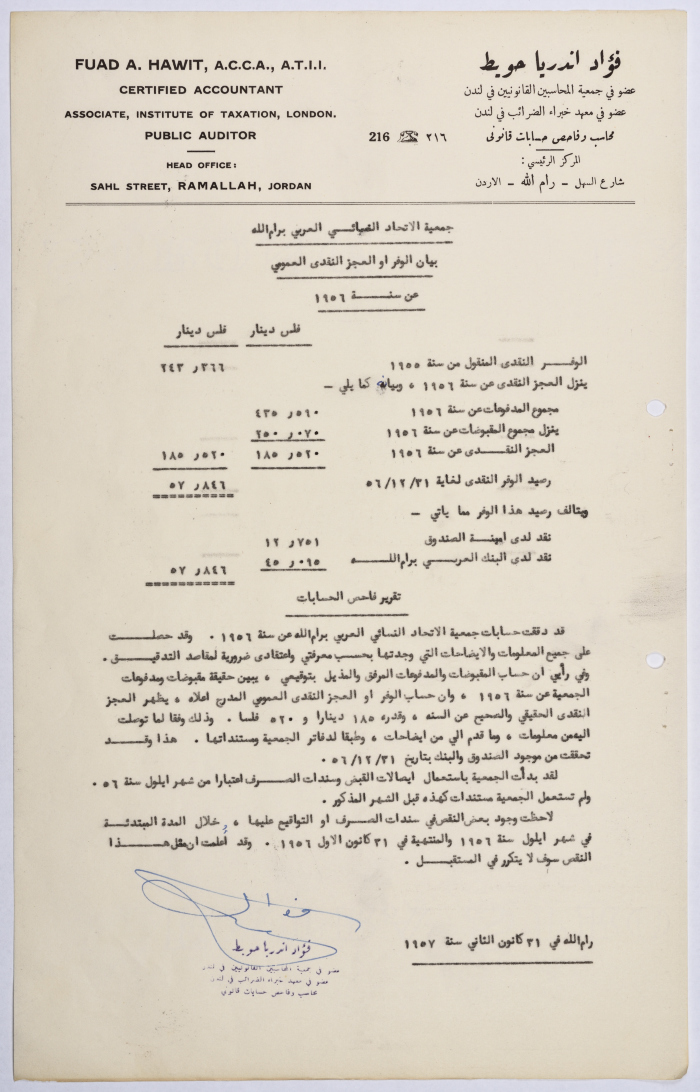 Financial Report for the Arab Women's Union Society - Ramallah for the Year 1956