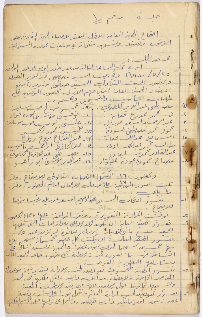 The Minutes of a Meeting of the Salfit Olive Oil Press Cooperative's General Assembly, 25 May 1980 