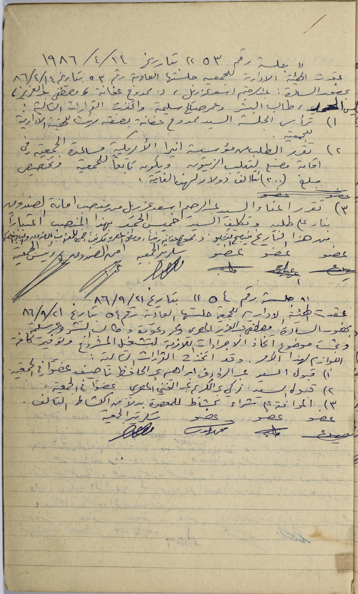 The Minutes of Two Meetings of the Salfit Olive Oil Press Cooperative's Administrative Body, 1986