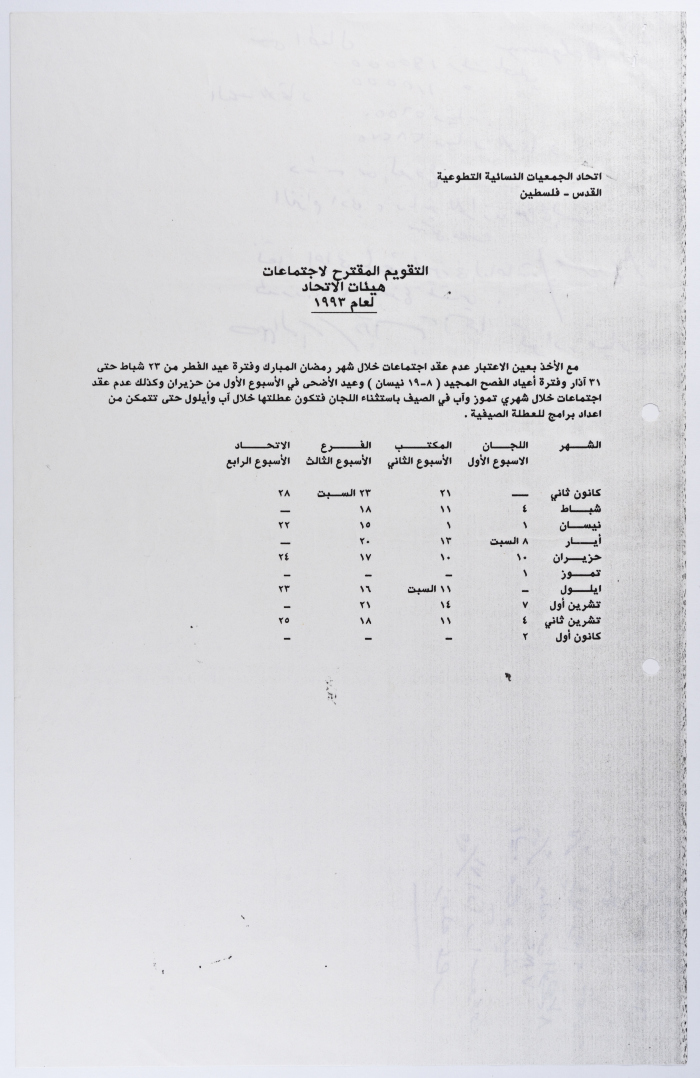 Suggested Calendar of Meetings for the Federation of Women's Associations in 1993