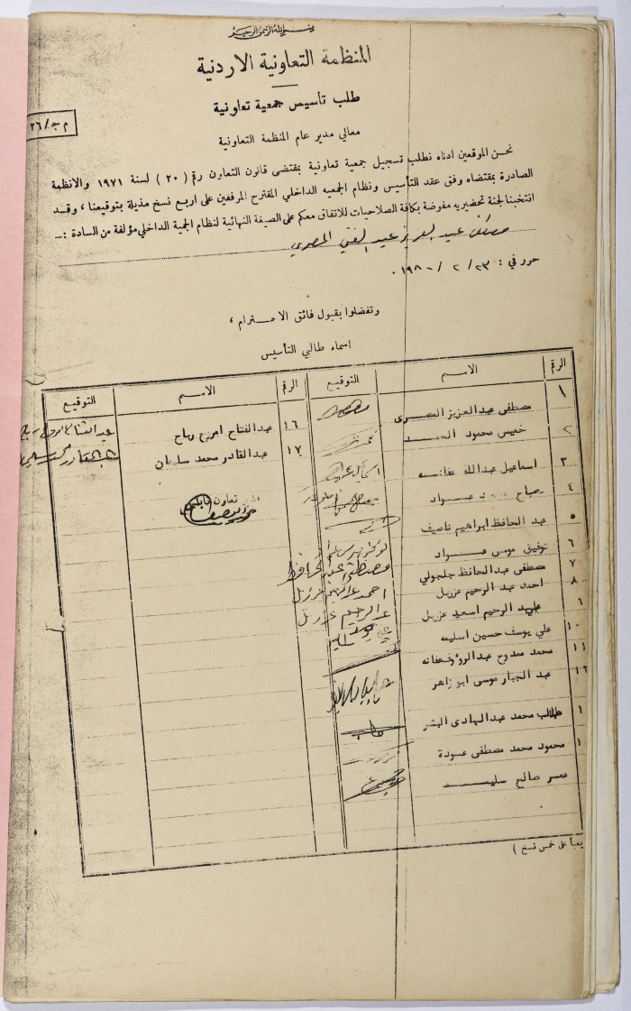 طلب تأسيس الجمعية التعاونية لعصر الزيتون في سلفيت، 13 شباط 1980