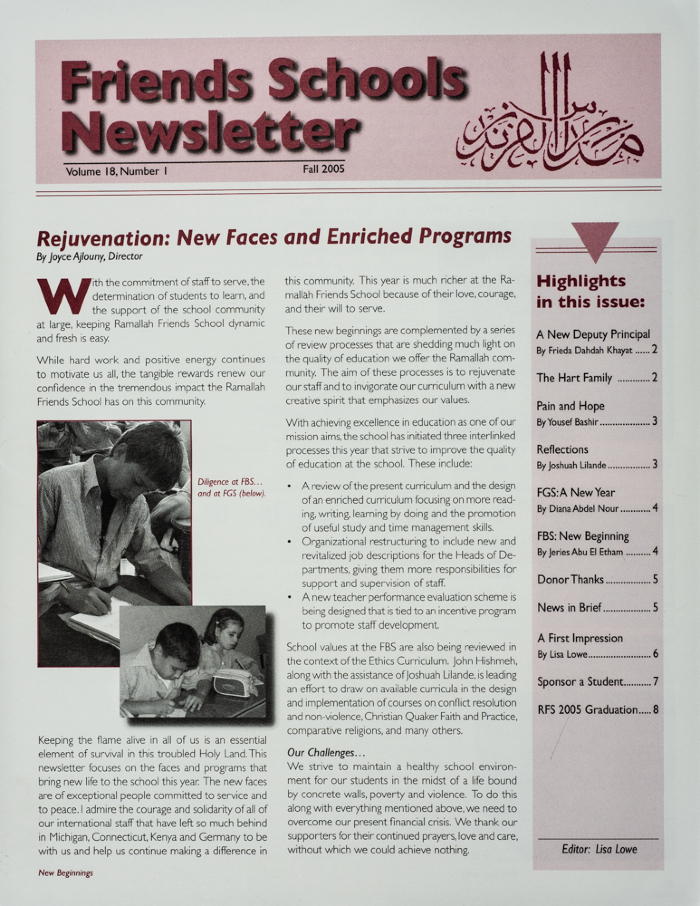 Issue 18 of the Friends Schools Newsletter in Ramallah