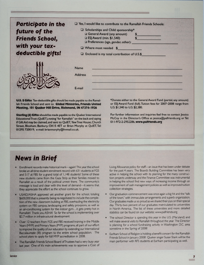 The Friends Schools Newsletter in Ramallah in 2007