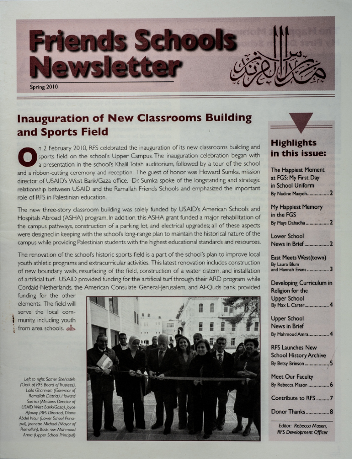 The Friends Schools Newsletter in Ramallah in 2010