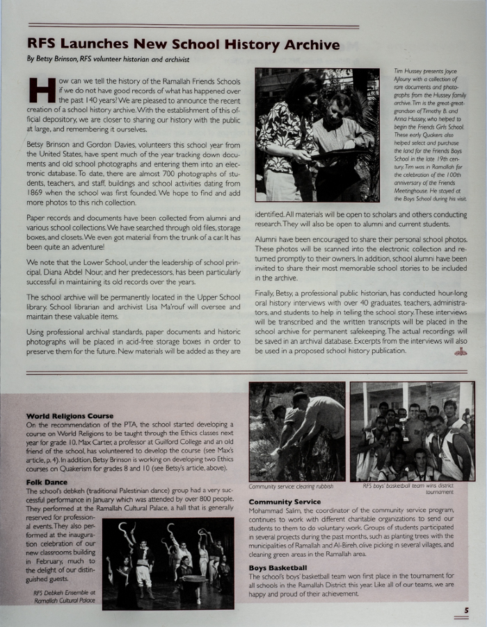 The Friends Schools Newsletter in Ramallah in 2010