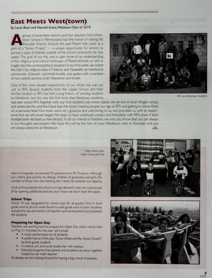The Friends Schools Newsletter in Ramallah in 2010